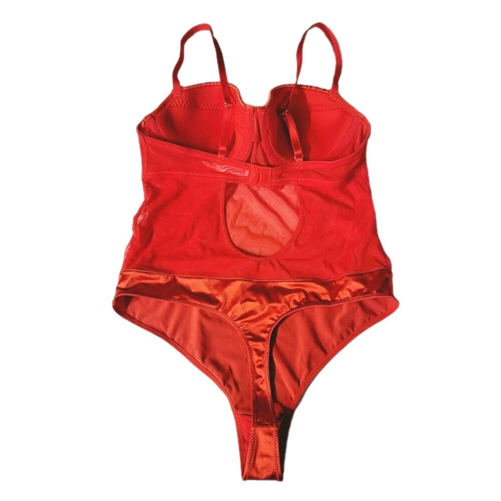 Auden Size S Red Satin Mesh Keyhole Lingerie Bodysuit Underwire Thong Lined Cups - Picture 6 of 9